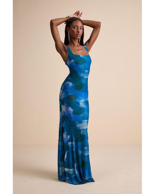 Lulus Blue Zemina Abstract Godet Pleated Mermaid Maxi Dress