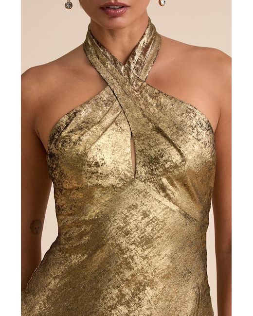 Lulus Natural Knoxley Shiny Lurex Cross-Front Halter Maxi Dress
