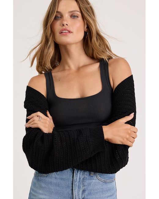 Lulus Black Perfectly Comforting Pointelle Open-Front Shrug Sweater