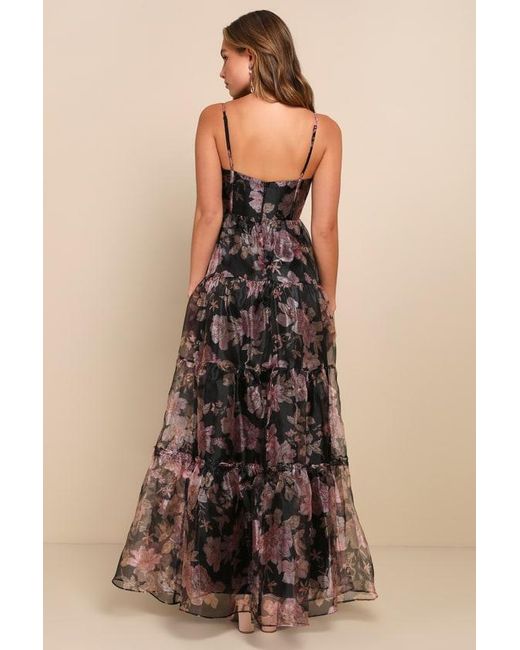 Lulus Brown Exclusive Glamour Floral Organza Tiered Maxi Dress