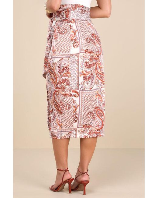 Lulus Brown Take A Walk With Me Paisley Print Satin Wrap Midi Skirt