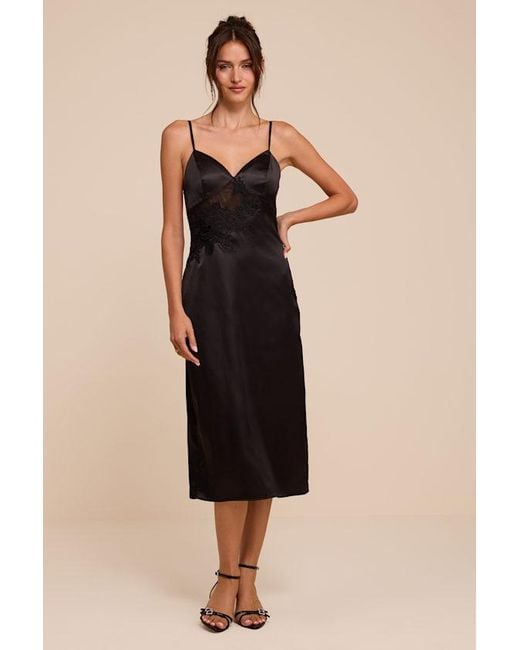 Lulus Black Kimberly Satin Crochet Lace Slip Midi Dress