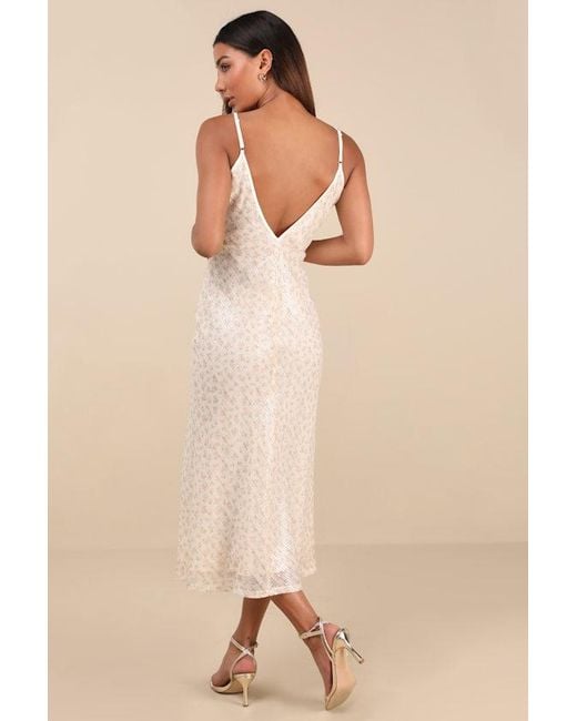 Lulus Natural Edaline Cream Floral Sequin Slip Midi Dress