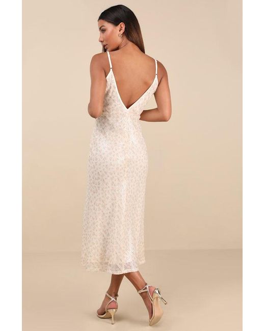 Lulus Natural Edaline Cream Floral Sequin Slip Midi Dress