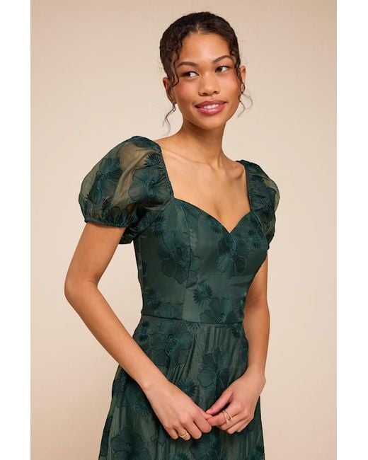 Lulus Green Sweetest Behavior Emerald Embroidered Puff Sleeve Midi Dress