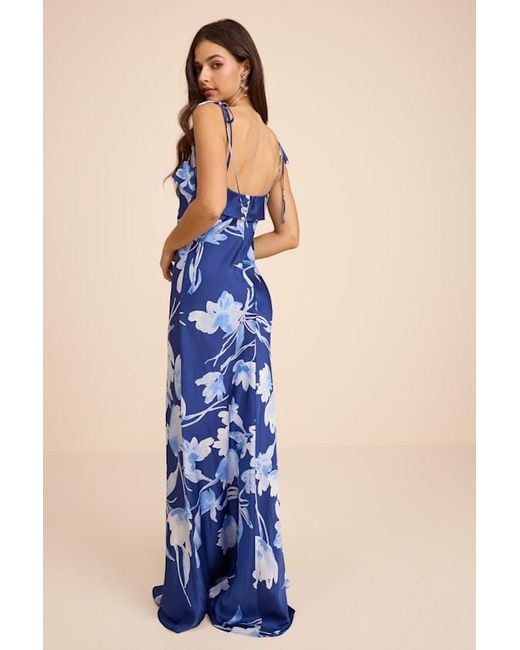 Lulus Blue Florine Floral Satin Tie-Strap Maxi Dress
