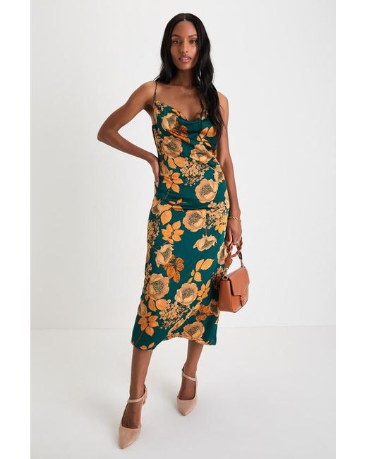 Lulus Green Favorite Icon Floral Satin Cowl Neck Slip Midi Dress