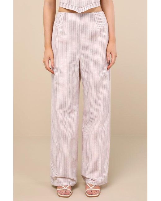 Lulus Natural Anahita Cream And Striped Mid-Rise Straight Leg Pants