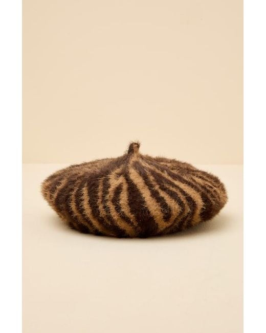 Lulus Brown Dashwood Animal Print Fuzzy Knit Beret