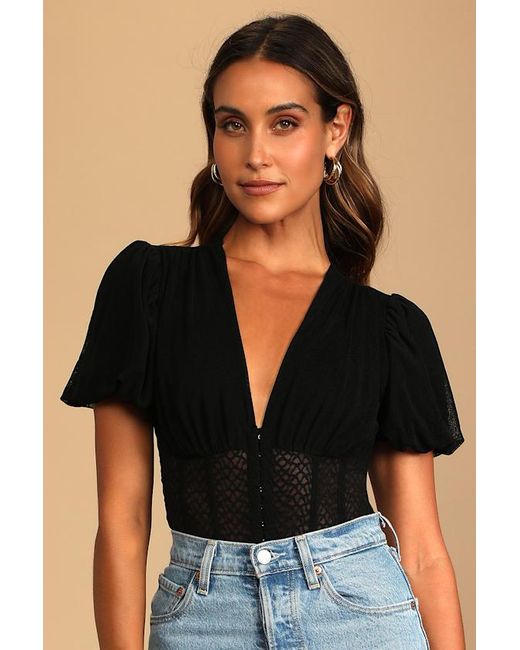 Lulus Black Properly Trendy Mesh Puff Sleeve Bodysuit