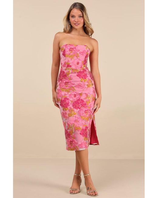 Lulus Red Upgraded Event Jacquard Strapless Bustier Midi Dress