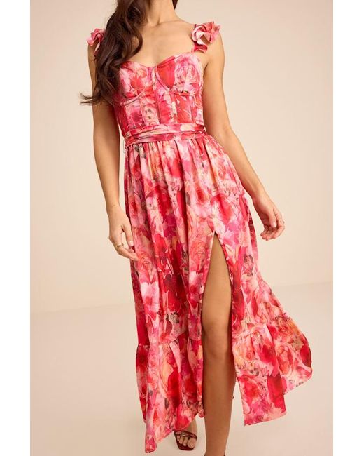 Lulus Red Sweet Like Sangria Floral Ruffled Bustier Midi Dress