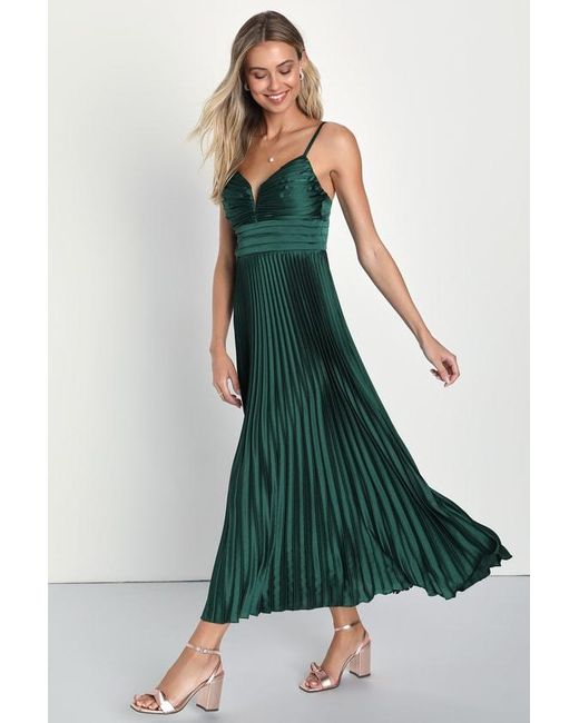 Lulus Green Fabulous Perfection Satin Pleated Midi Dress