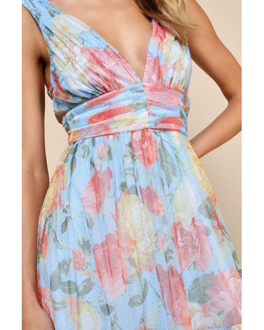 Lulus Blue Perfectly Divine Floral Tulle Tiered Ruffled Midi Dress
