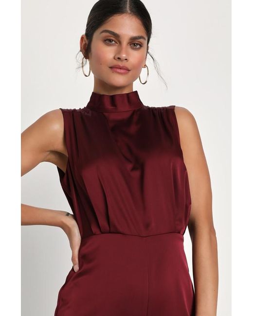 Lulus Red Classic Elegance Satin Sleeveless Mock Neck Jumpsuit