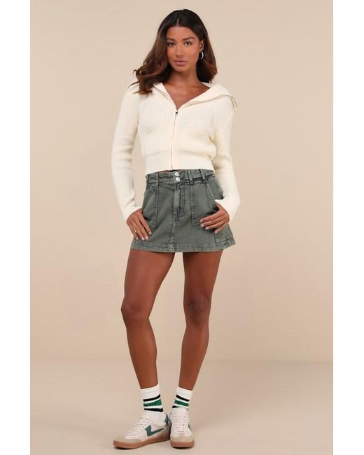Lulus Natural Cozy Inclination Cropped Zip-Front Collared Sweater