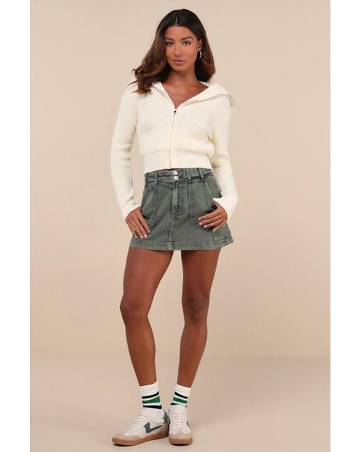 Lulus Natural Cozy Inclination Cropped Zip-Front Collared Sweater
