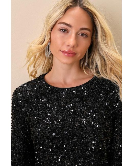 Lulus Black Sparkling Behavior Sequin Feather Long Sleeve Top