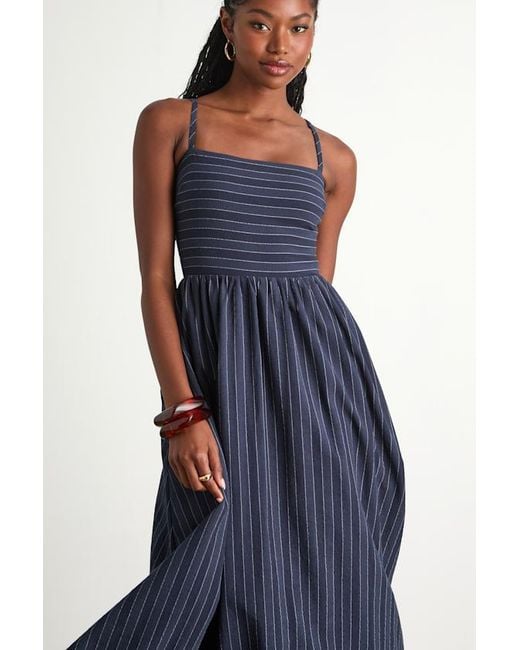 Lulus Blue Feeling The Best Striped Tie-Back Midi Dress With Pockets