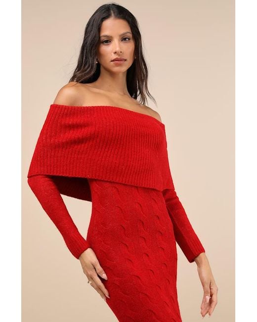 Lulus Red Cozy Excellence Heather Off-The-Shoulder Sweater Dress