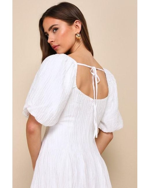 Lulus Natural Heavenly Energy Textured Puff Sleeve Pleated Midi Dress