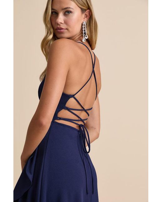 lulus blue ruffle dress Lulus Meridith Slate Blue Ruffled Lace-Up Maxi Dress, Size Medium  Vanessa  Jane