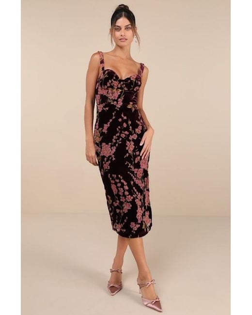 Lulus Natural Romantic Stunner Plum Floral Burnout Velvet Lace-Up Dress