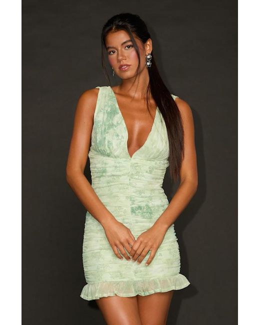 Lulus Green Kattie Light Floral Mesh Ruched Mini Dress