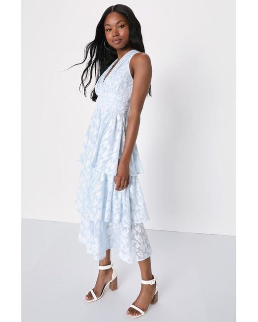 Lulus Blue Make It Mesmerizing Light Jacquard Tiered Midi Dress