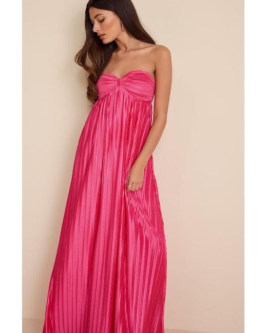 Lulus Pink Whimsical Beauty Satin Plisse Strapless Maxi Dress