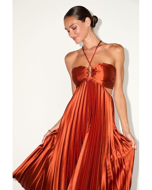 Lulus Red Aerin Rust Satin Pleated Cutout Midi Dress