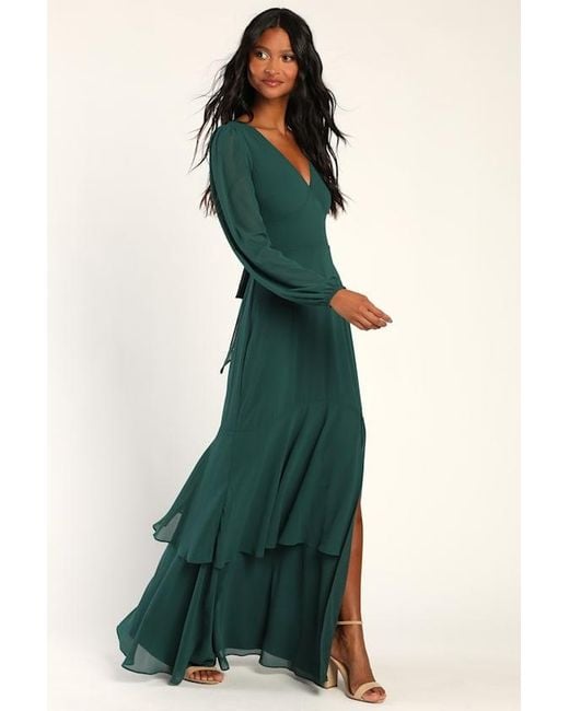 Lulus Blue Tier Elegance Hunter Long Sleeve Tiered Maxi Dress