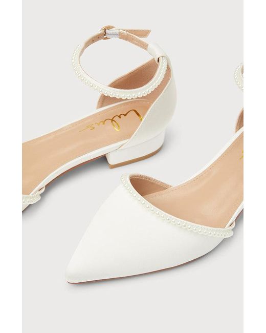 Lulus Natural Phoebee Satin Pearl Pointed-Toe Ankle Strap Flats