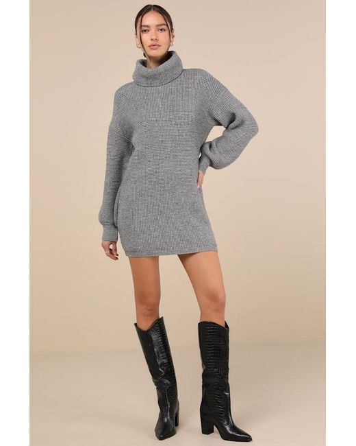 Lulus Gray Casual Coziness Waffle Knit Cowl Neck Sweater Dress