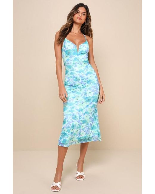 Lulus Blue Total Crush Floral Print Mesh Lace-Up Midi Dress