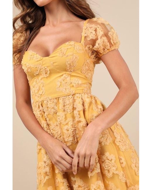 Lulus Yellow Notable Elegance Mesh Floral Applique Bustier Midi Dress