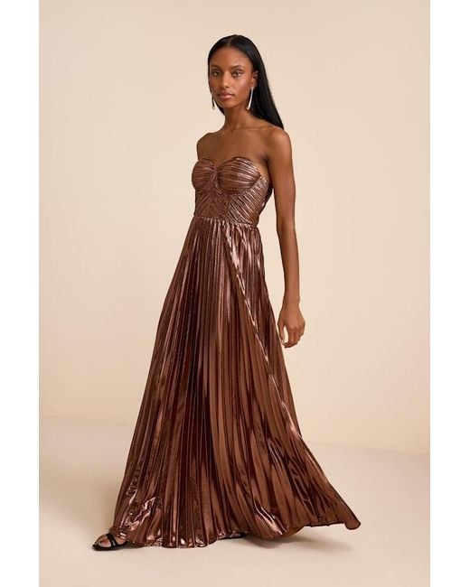 Lulus Natural Shoshone Pleated Lurex Strapless Bustier Maxi Dress