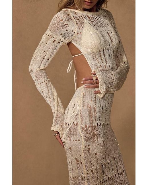 Lulus Brown Salise Shiny Cream Distressed Maxi Swim Cover-Up