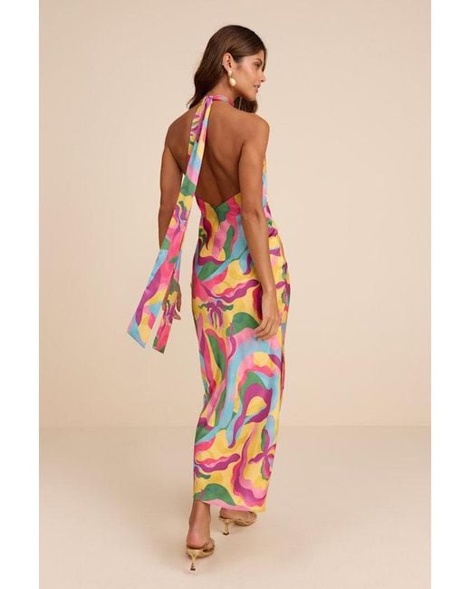 Lulus Red Glowing Presence Multi Abstract Satin Halter Maxi Dress