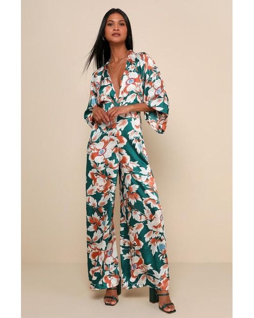 Lulus Blue From Sunrise Floral Print Wide-Leg Jumpsuit