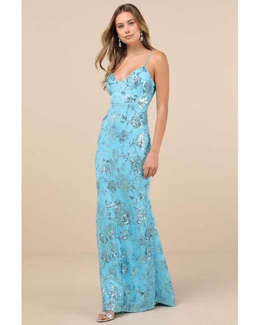 Lulus Blue Glittering Excellence Aqua Sequin Lace-Up Maxi Dress