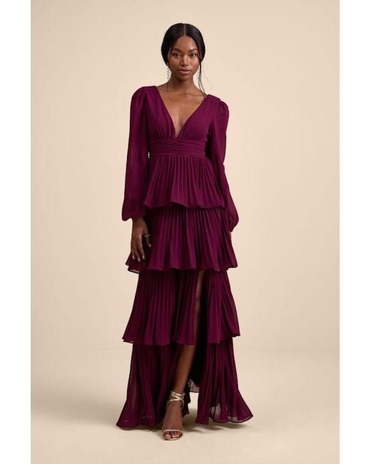 Lulus Graceful Finesse Plum Pleated Long Sleeve Maxi Dress in Purple | Lyst
