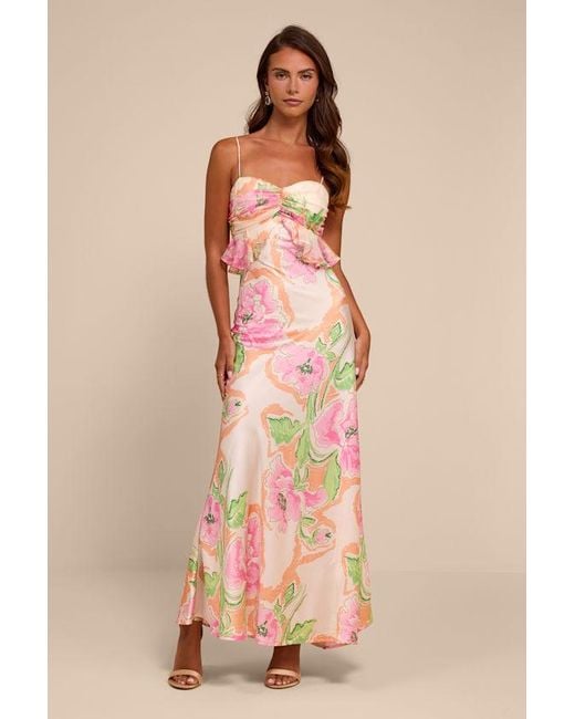 Lulus Pink Cattina Blush Multi Floral Satin Tie-Back Maxi Dress