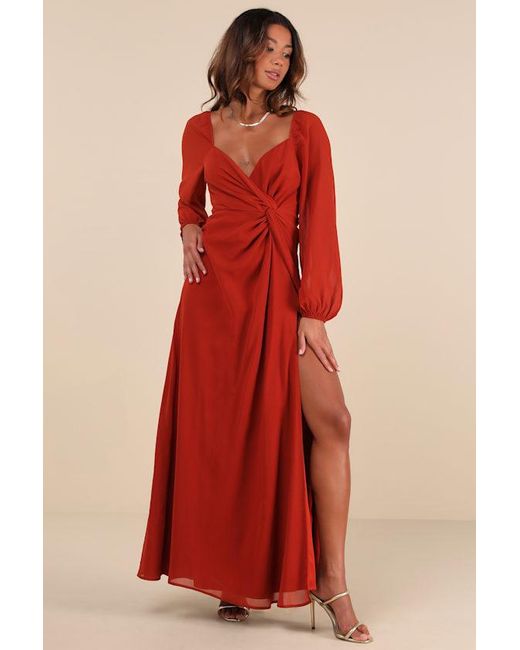Lulus Red Composed Soiree Twist-Front Long Sleeve Maxi Dress