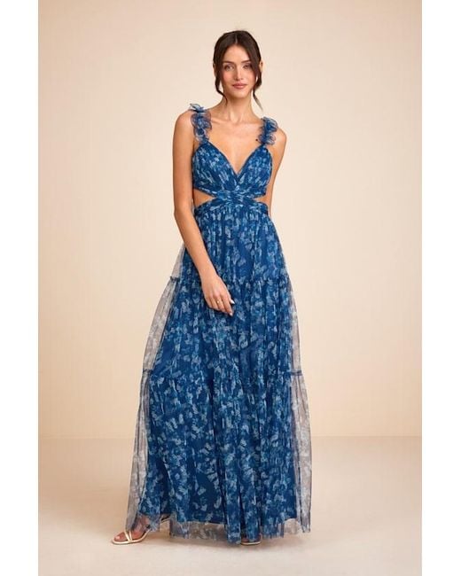 Lulus Blue Ethereal Love Floral Pleated Tiered Tie-Back Maxi Dress