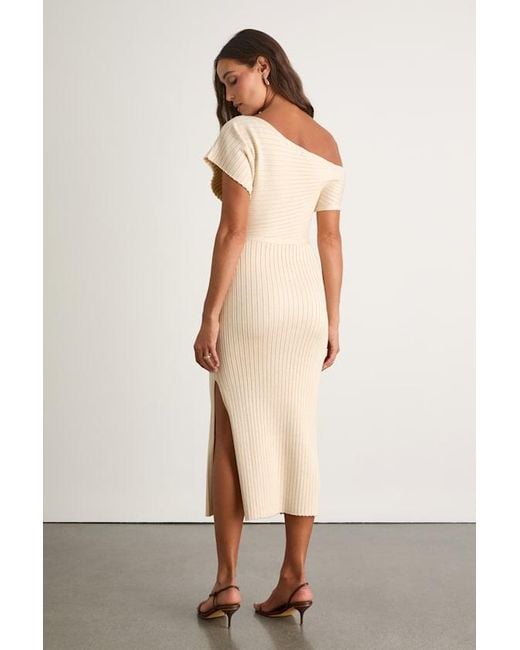 Lulus Natural Brady Cream Ribbed Off-The-Shoulder Sweater Midi Dress