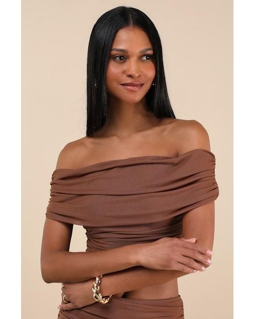 Lulus Brown Cadie Mesh Off-The-Shoulder Top