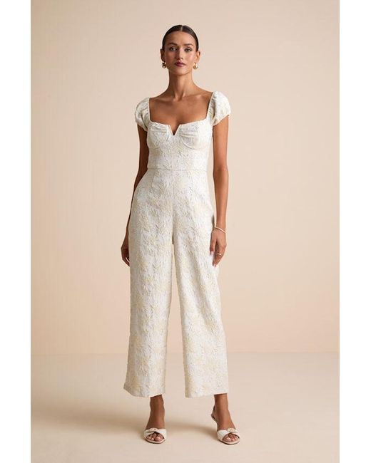 Lulus Natural New Glam Cream Floral Jacquard Bustier Off-The-Shoulder Jumpsuit