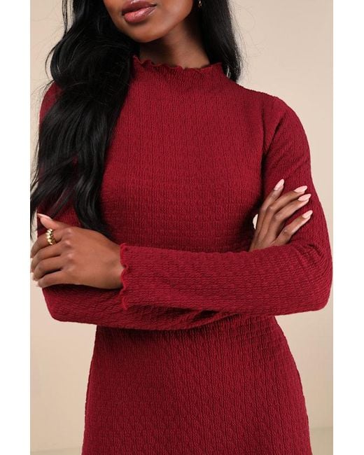 Lulus Flattering Forecast Wine Textured Long Sleeve Mini Dress