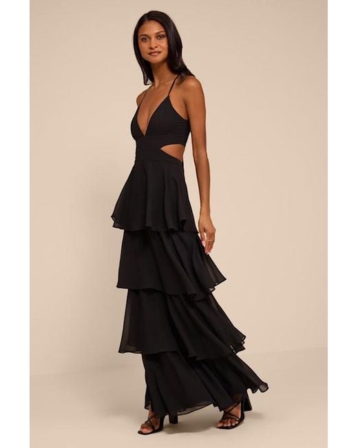 Lulus Black Tier And Now Tie-Back Tiered Maxi Dress